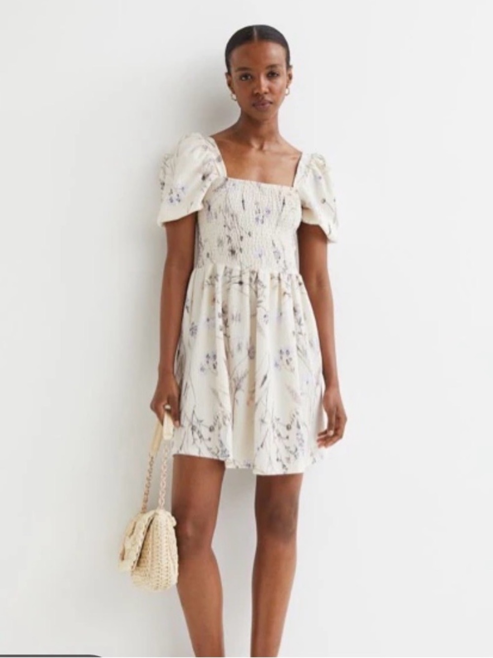 Smocked Square-Neck Cream Floral Mini Dress